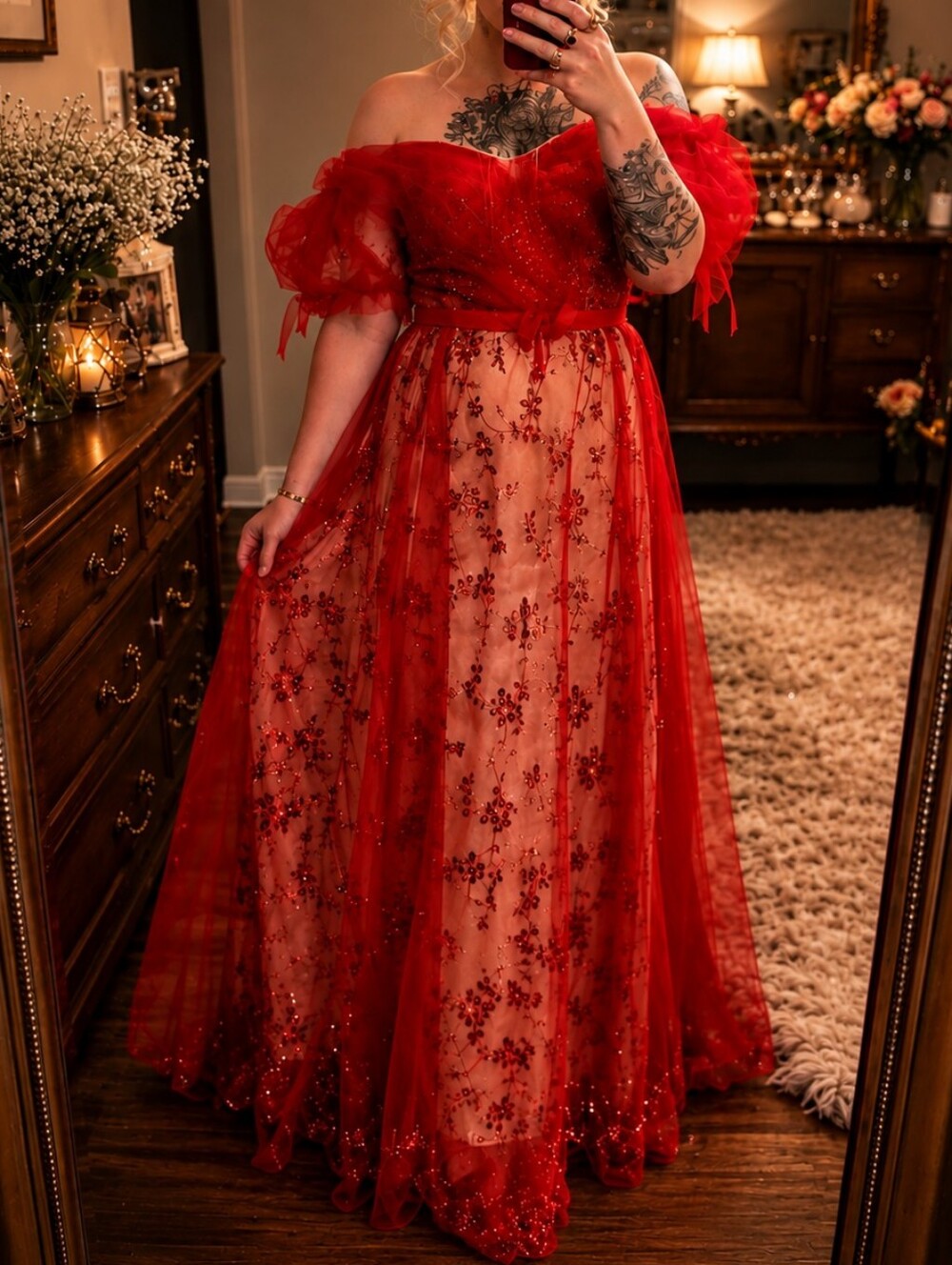 Bella Milton Red Embellished Tulle Maxi Dress S NWT Romantic Ruffle Sleeve